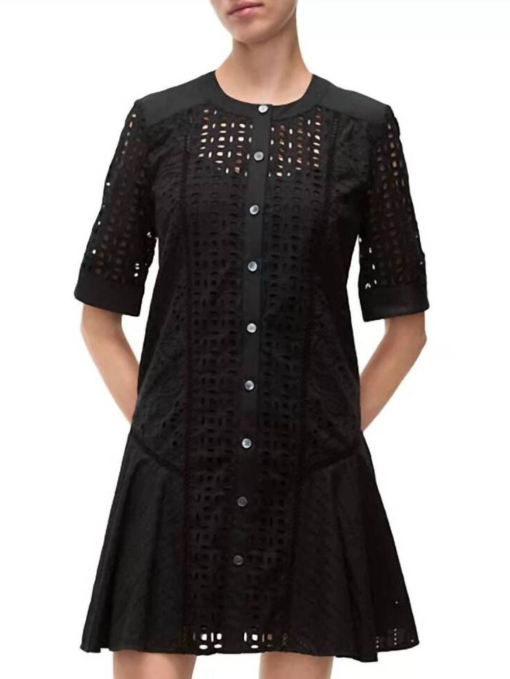 Veronica Beard Dara Short Sleeve Cotton Eyelet Mini Dress in Black NWT